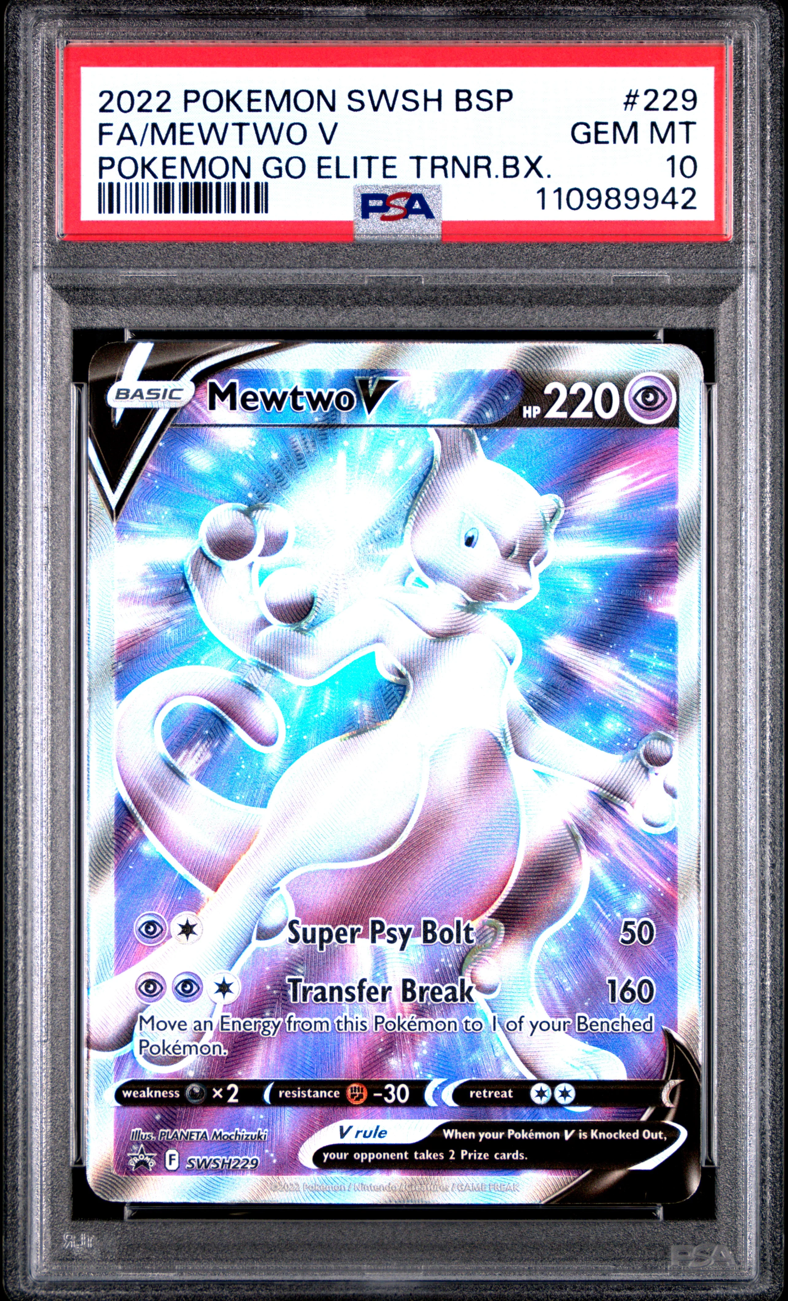 PSA GEM MT 10 - 2022 POKEMON SWSH BLACK STAR PROMO #229 FA/MEWTWO V POKEMON GO ELITE TRNR.BX.