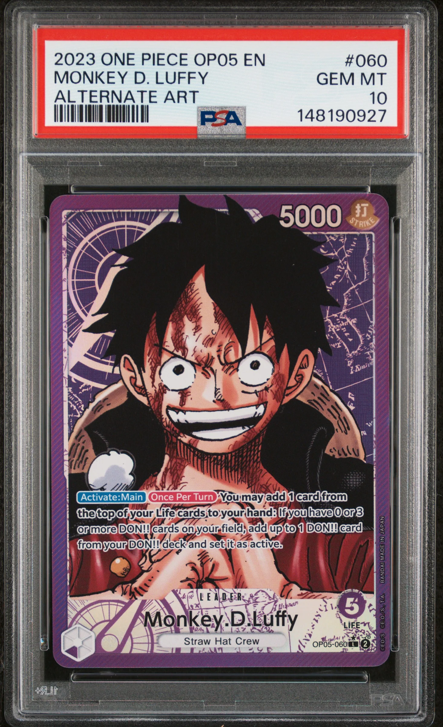 PSA GEM MT 10 - 2023 ONE PIECE OP05-AWAKENING OF THE NEW ERA #060 MONKEY D. LUFFY ALTERNATE ART