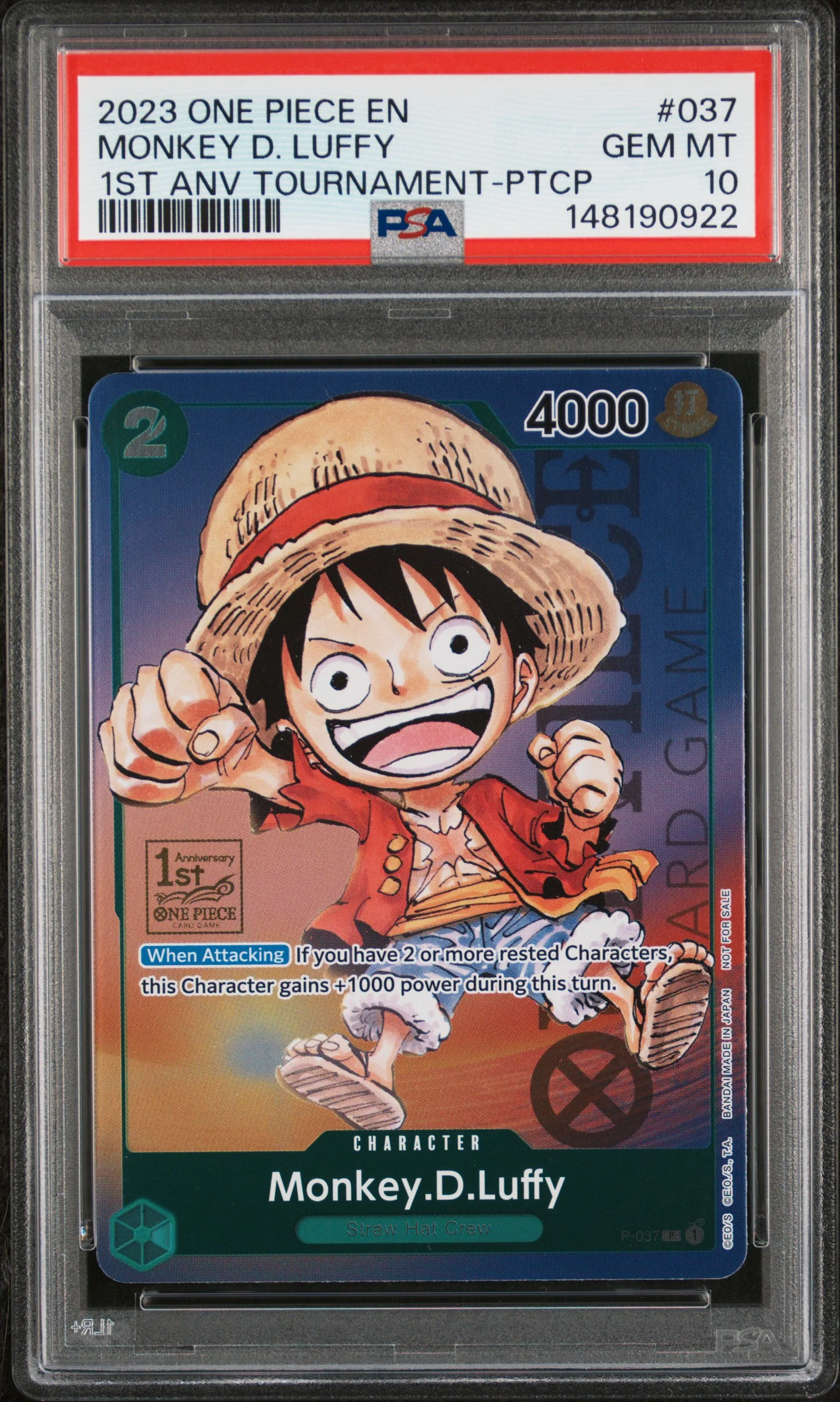 PSA GEM MT 10 - 2023 ONE PIECE PROMOS #037 MONKEY D. LUFFY 1ST ANV TOURNAMENT-PTCP