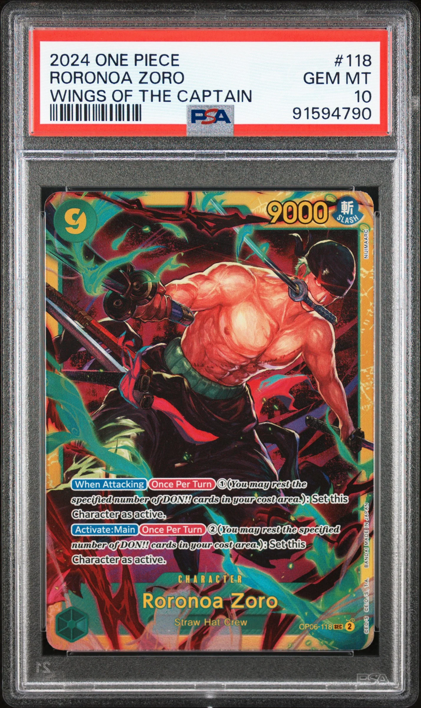 PSA GEM MT 10 - 2024 ONE PIECE OP06-WINGS OF THE CAPTAIN #118 RORONOA ZORO