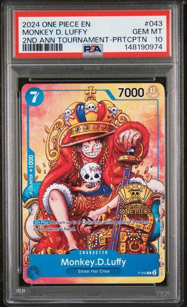 PSA GEM MT 10 - 2024 ONE PIECE PROMOS #043 MONKEY D. LUFFY 2ND ANN TOURNAMENT-PRTCPTN