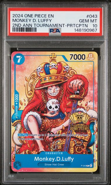 PSA GEM MT 10 - 2024 ONE PIECE PROMOS #043 MONKEY D. LUFFY 2ND ANN TOURNAMENT-PRTCPTN