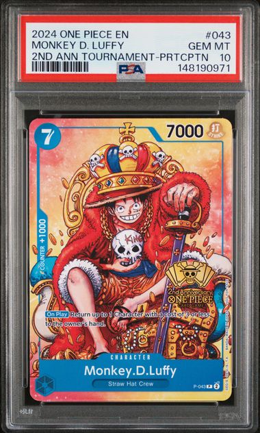 PSA GEM MT 10 - 2024 ONE PIECE PROMOS #043 MONKEY D. LUFFY 2ND ANN TOURNAMENT-PRTCPTN