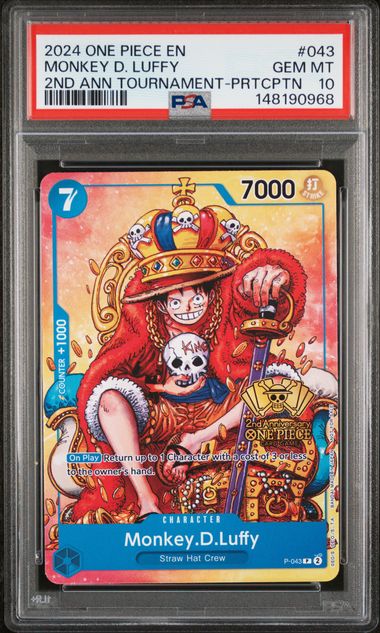 PSA GEM MT 10 - 2024 ONE PIECE PROMOS #043 MONKEY D. LUFFY 2ND ANN TOURNAMENT-PRTCPTN