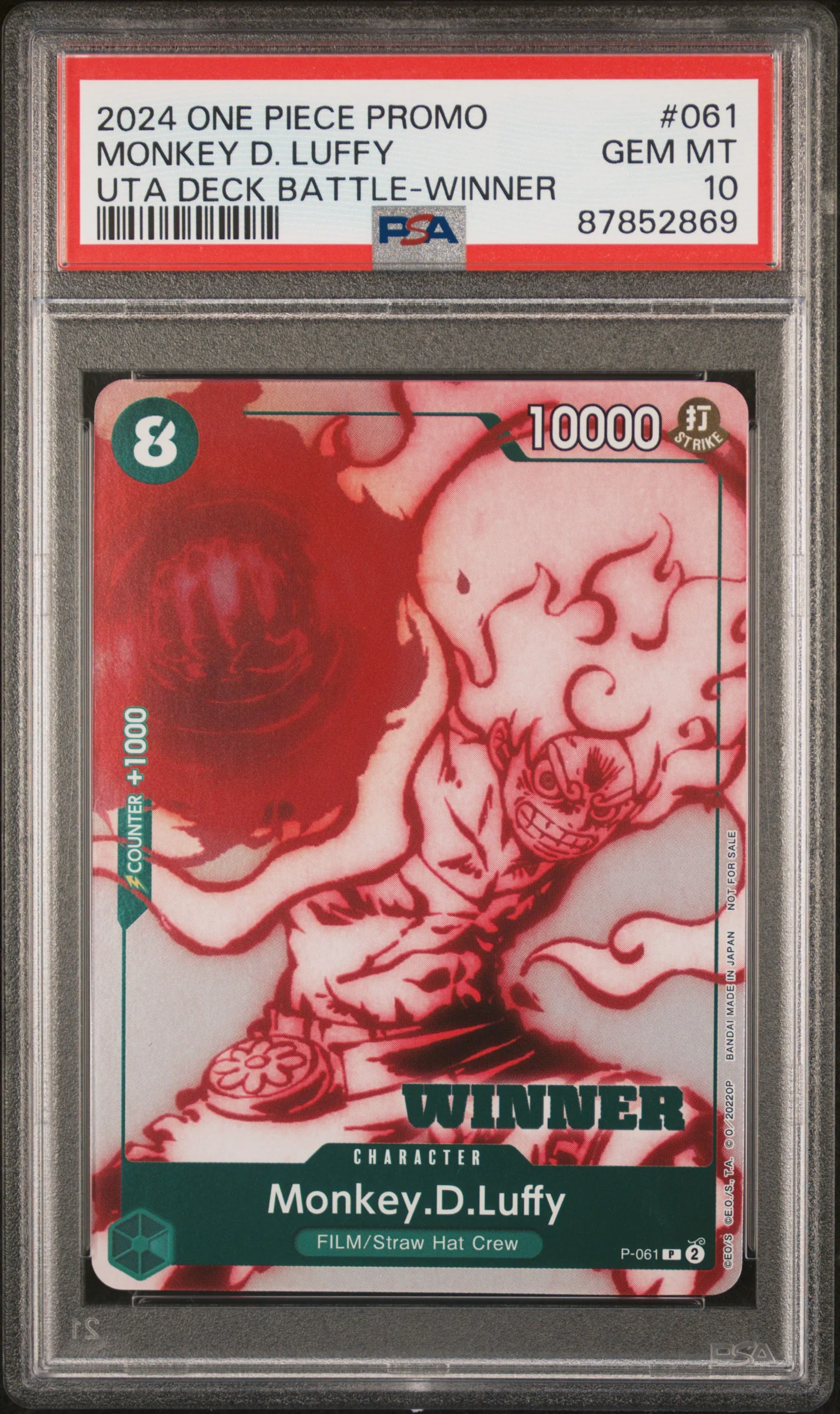 PSA GEM MT 10 - 2024 ONE PIECE PROMOS #061 MONKEY D. LUFFY UTA DECK BATTLE-WINNER