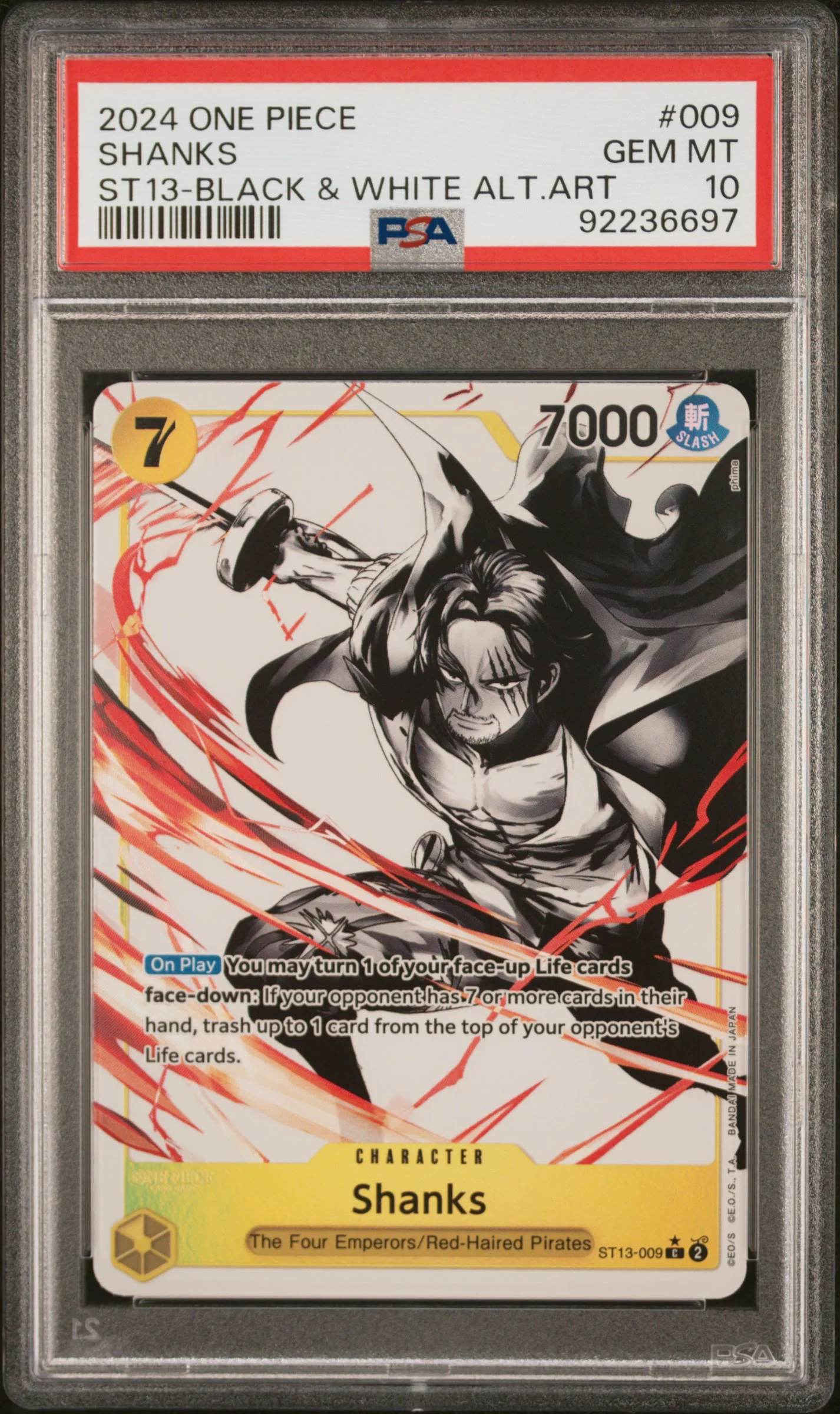 PSA GEM MT 10 - 2024 ONE PIECE ULTRA DECK ST13-THE THREE BROTHERS #009 SHANKS BLACK & WHITE ALT ART