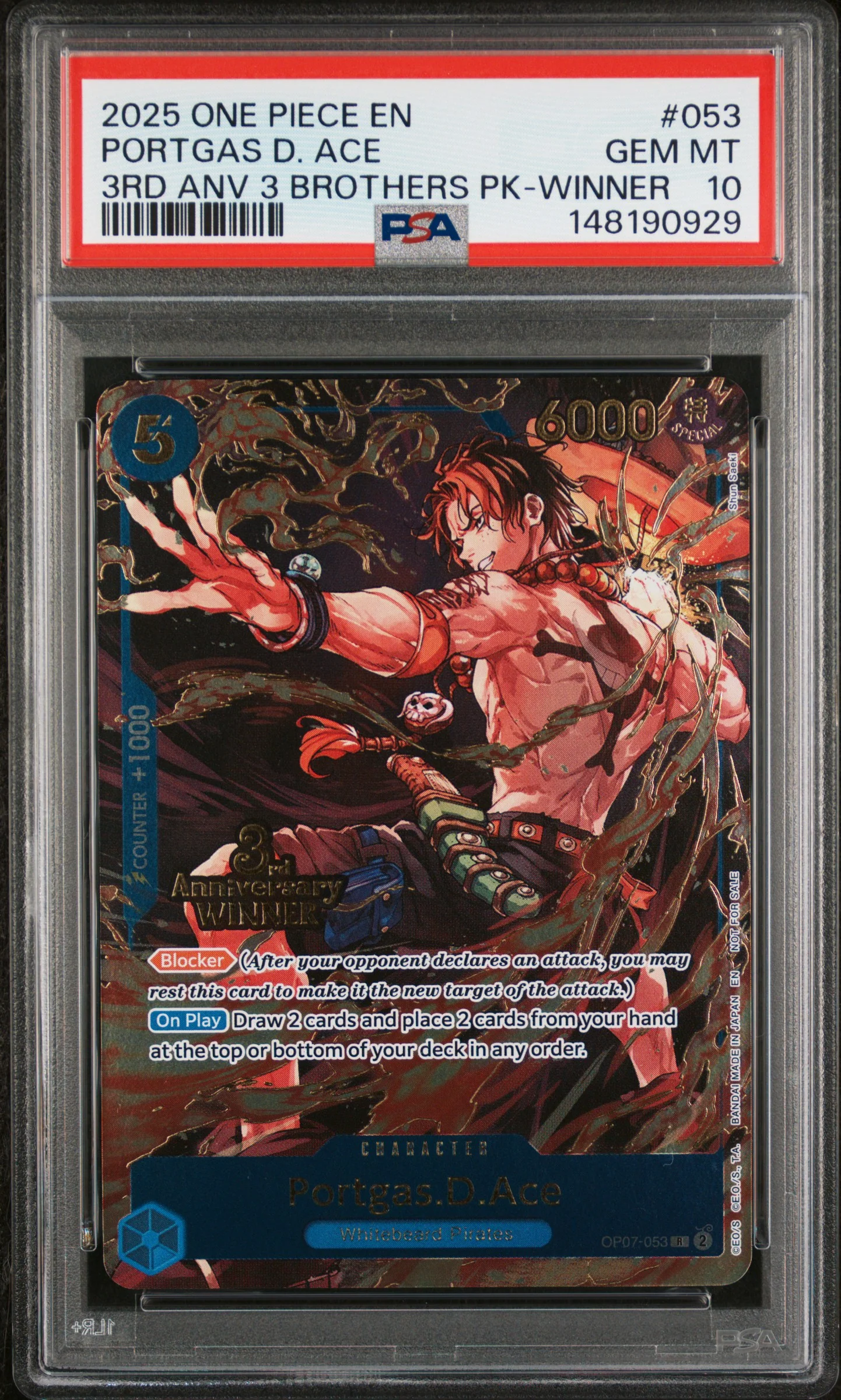 PSA GEM MT 10 - 2025 ONE PIECE 3RD ANNIVERSARY TOURNAMENT 3 BROTHERS PACK #053 PORTGAS D. ACE 3RD ANV 3 BROTHERS PK-WINNER