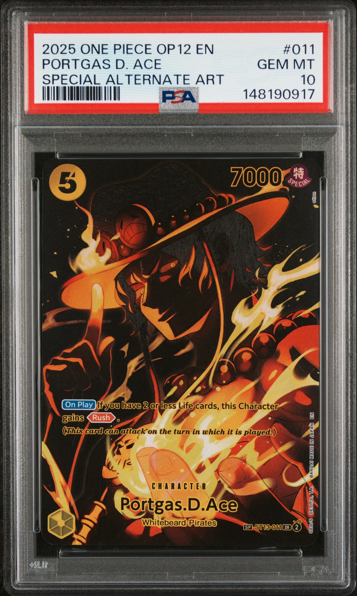 PSA GEM MT 10 - 2025 ONE PIECE OP12-LEGACY OF THE MASTER #011 PORTGAS D. ACE SPECIAL ALTERNATE ART