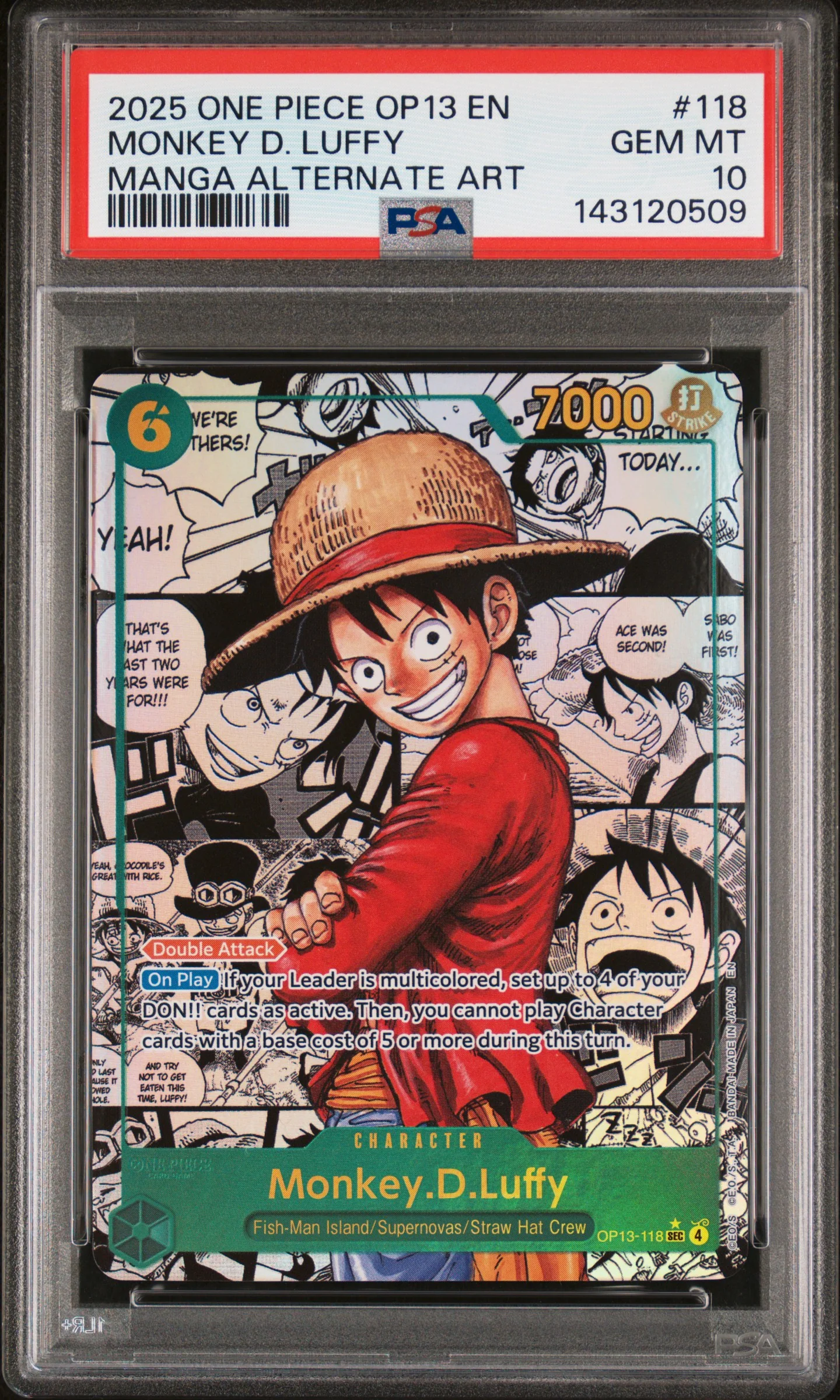 PSA GEM MT 10 - 2025 ONE PIECE OP13-CARRYING ON HIS WILL #118 MONKEY D. LUFFY MANGA ALTERNATE ART