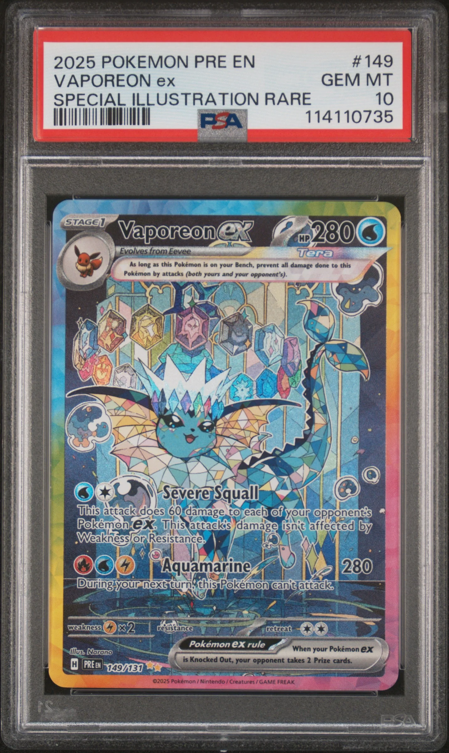 PSA GEM MT 10 - 2025 POKEMON PRE EN-PRISMATIC EVOLUTIONS #149 VAPOREON ex SPECIAL ILLUSTRATION RARE