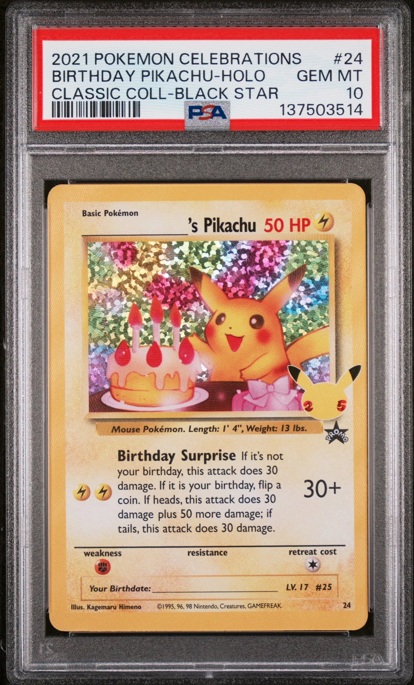 PSA GEM MT 10 - BIRTHDAY PIKACHU-HOLO CLASSIC COLL-BLACK STAR 2021 POKEMON CELEBRATIONS CLASSIC COLLECTION