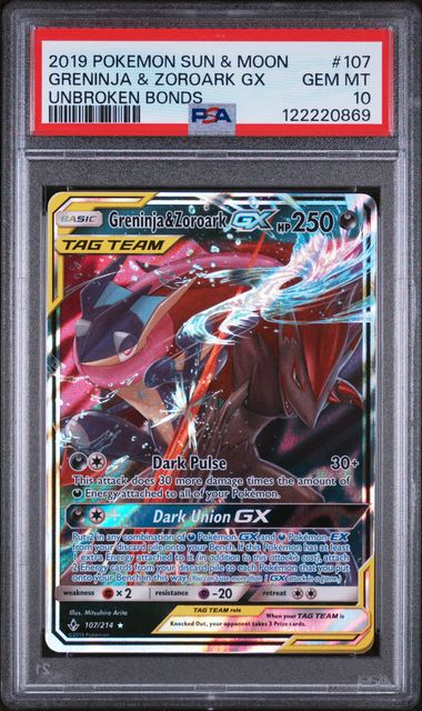 PSA GEM MT 10 - GRENINJA & ZOROARK GX UNBROKEN BONDS 2019 POKEMON SUN & MOON UNBROKEN BONDS