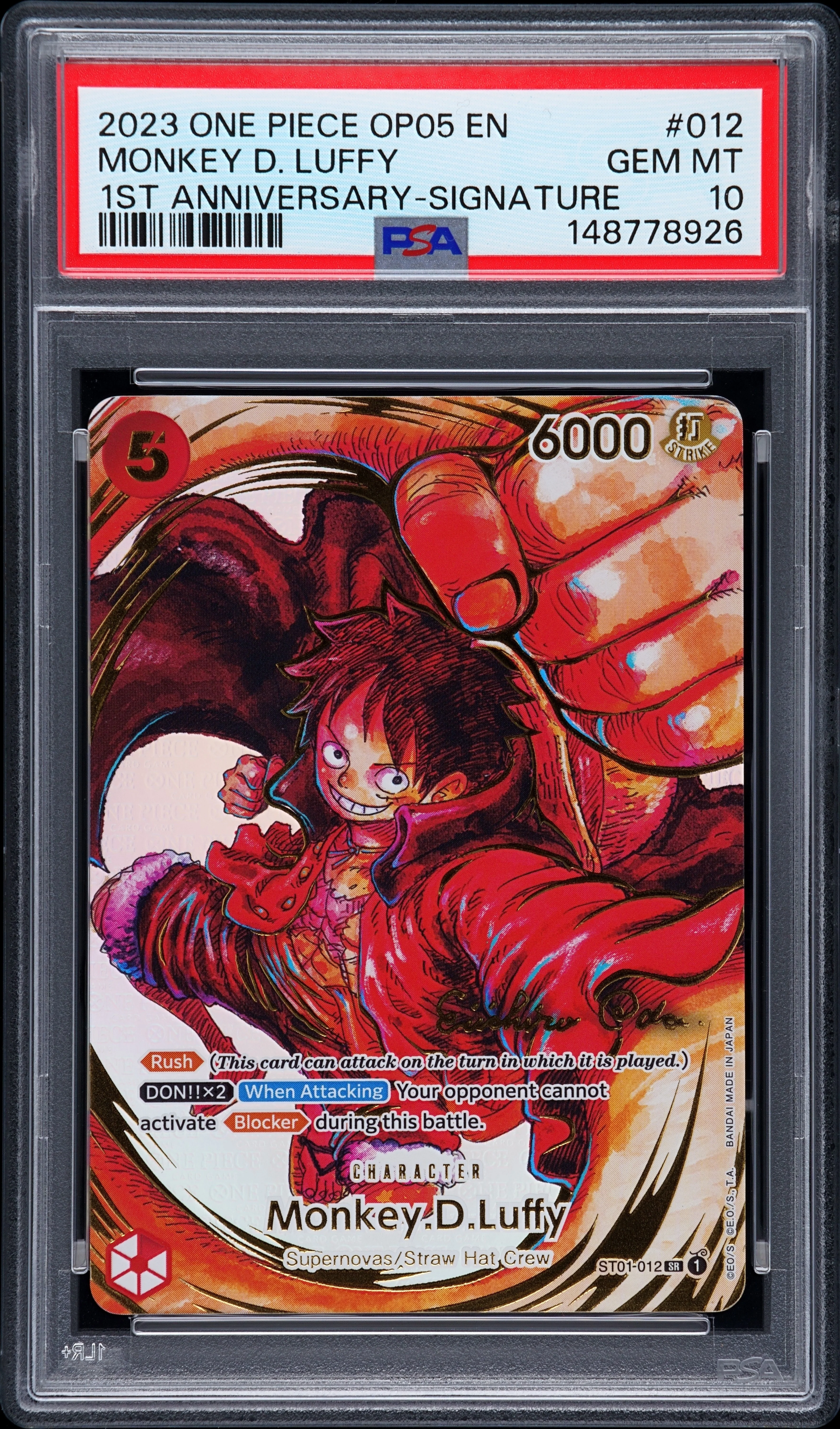 PSA GEM MT 10 - MONKEY D. LUFFY 1ST ANNIVERSARY-SIGNATURE 2023 ONE PIECE OP05-AWAKENING OF THE NEW ERA