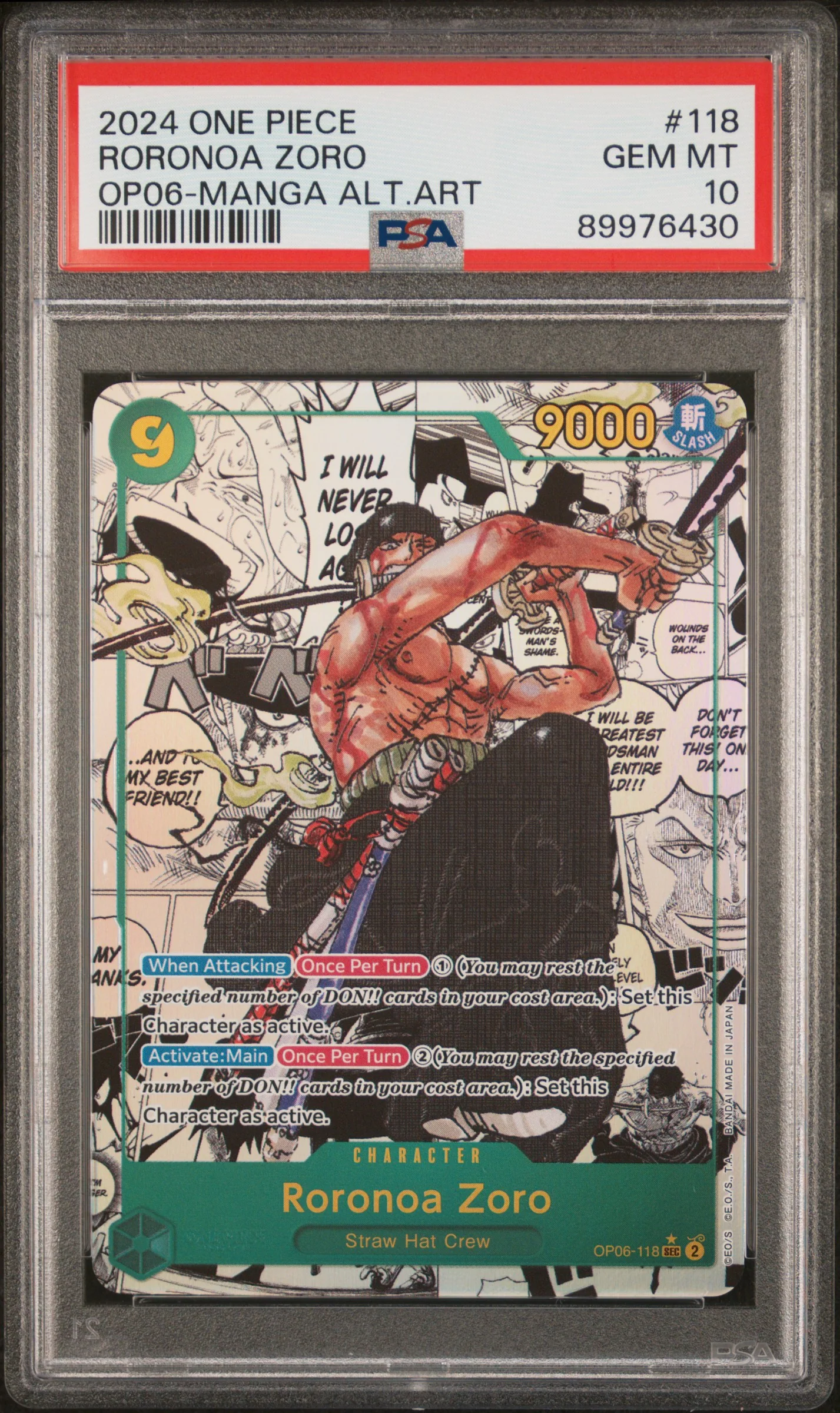 PSA GEM MT 10 - RORONOA ZORO MANGA ALTERNATE ART 2024 ONE PIECE OP06-WINGS OF THE CAPTAIN