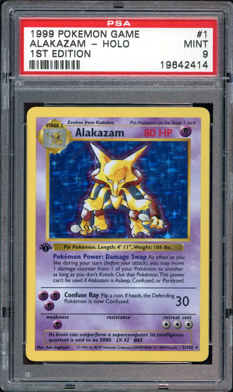 PSA MINT 9 - 1999 POKEMON BASE SET #1 ALAKAZAM-HOLO 1ST EDITION