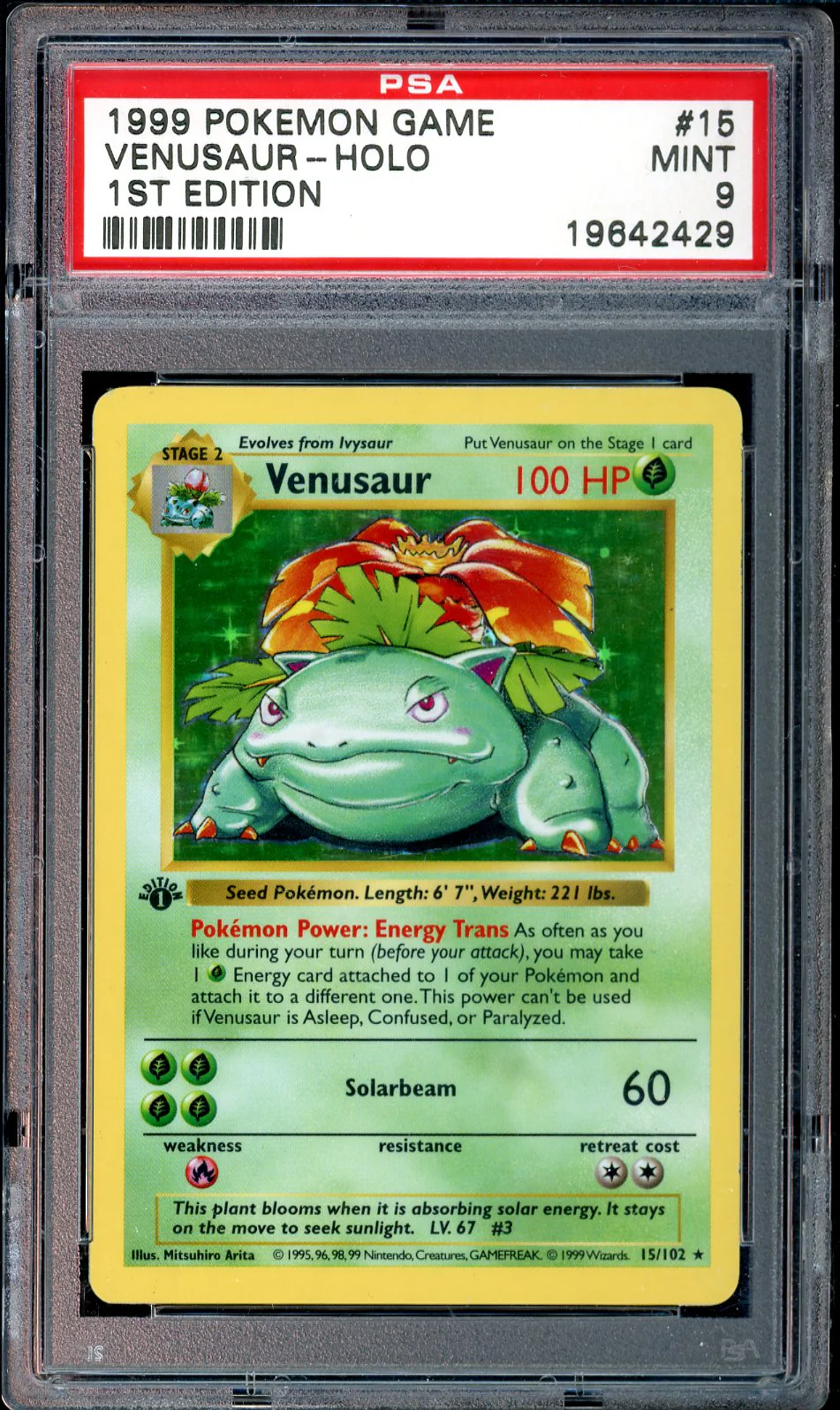 PSA MINT 9 - 1999 POKEMON BASE SET #15 VENUSAUR-HOLO 1ST EDITION