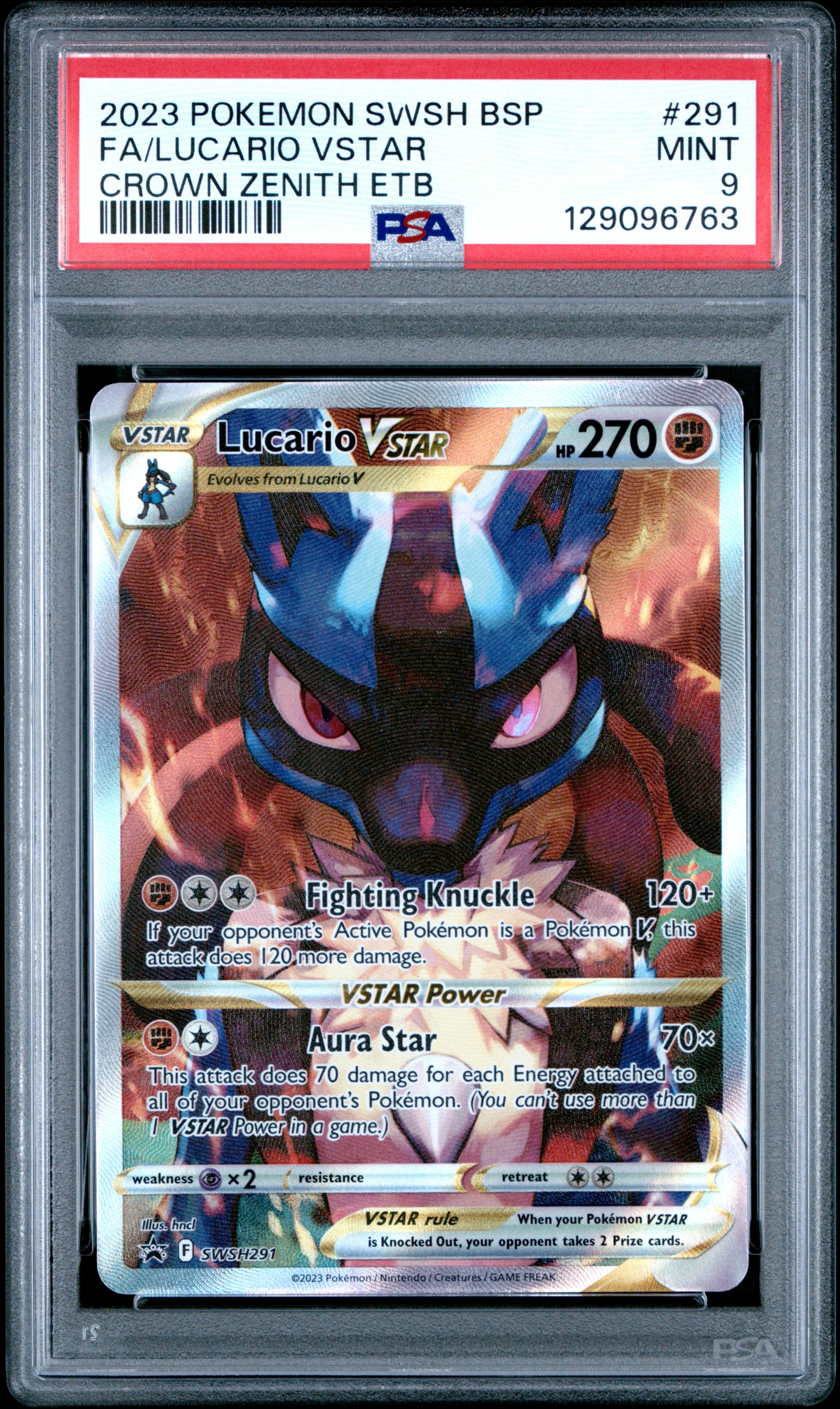 PSA MINT 9 - 2023 POKEMON SWSH BLACK STAR PROMO #291 FA/LUCARIO VSTAR CROWN ZENITH ETB